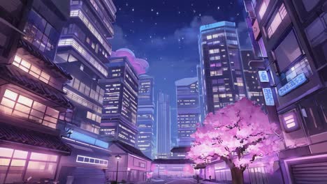 cityscape at night with cherry blossom