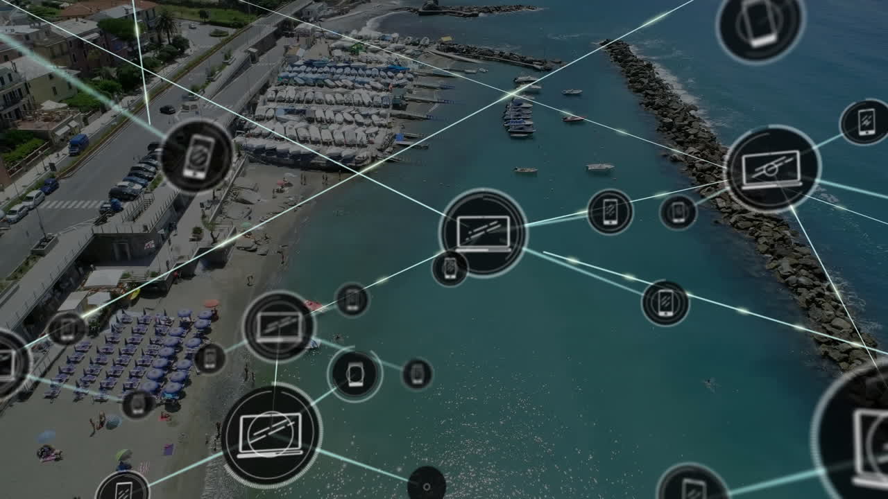 animación de la red de conexiones con iconos sobre la marina para barcos
