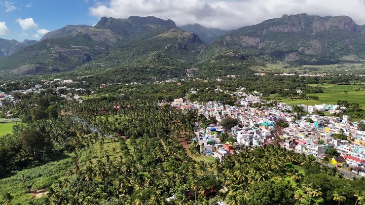 Vivace panorama aereo di pianure fertili che fondono terreni agricoli, stagni e villaggi: perfetto per film sull'agricoltura e sull'India rurale