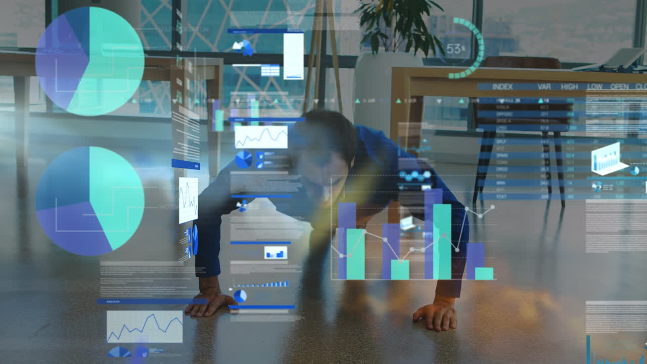 Animation of financial data processing over caucasian businessman in office