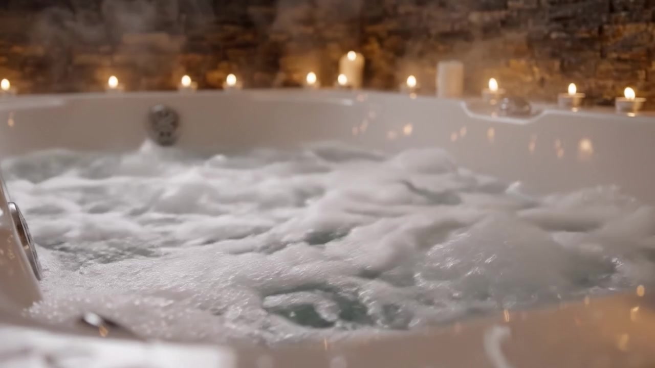 Bagno rilassante in una lussuosa vasca idromassaggio: una fuga tranquilla con candele soffuse e vapore rilassante per il massimo ringiovanimento e una serena tranquillità.