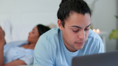 Laptop,-email-and-man-with-a-couple-in-bed-to