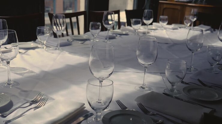 Dining table set for a wedding or corporate event at fine dining restaurant ceramic plates forks knives cloth napkins on white tablecloth on table Steady Slow motion panning up