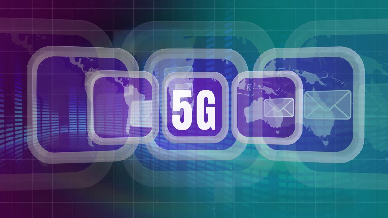 세계 지도 위의 5g 텍스트의 애니메이션
