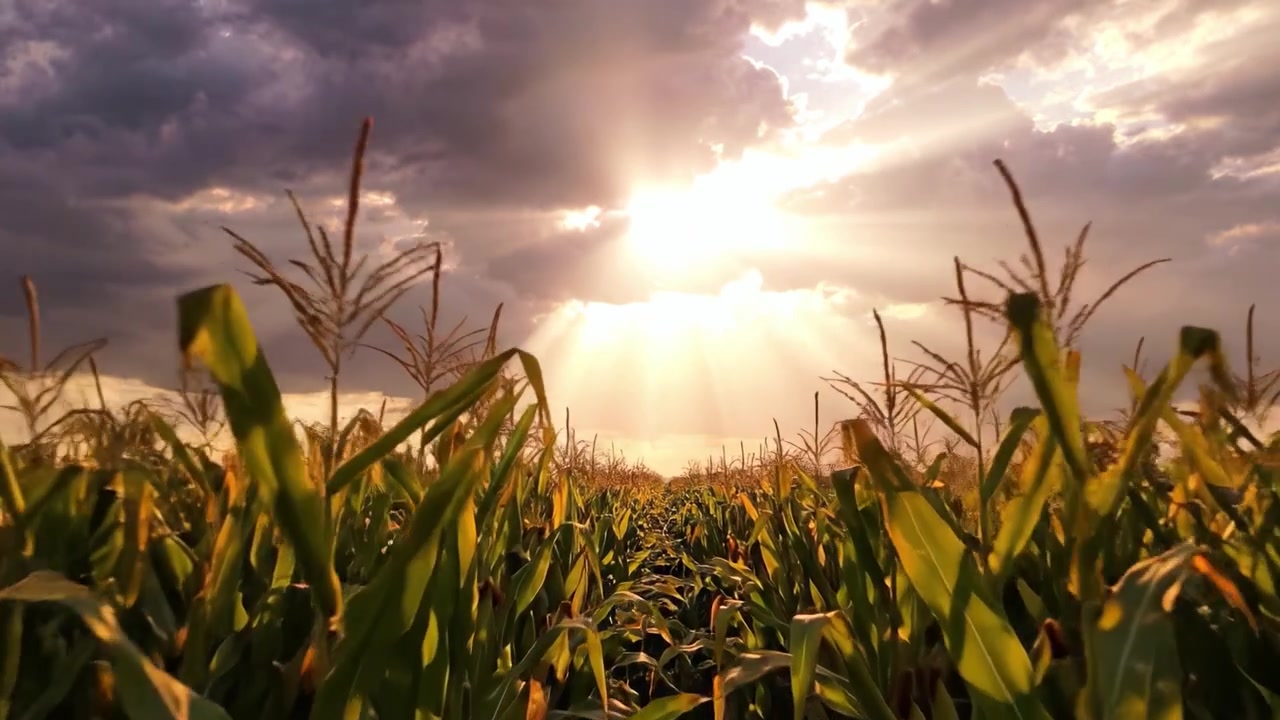 A Majestic Sunrise Over a Serene Cornfield Illuminated by Beautiful Sunrays Breaking Through the Clouds, Signifying Hope and Renewal in Agriculture