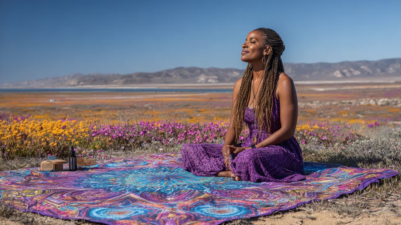 A Serene Moment of Reflection Amidst Vibrant Wildflowers: A Woman Meditating in Nature’s Breathtaking Beauty