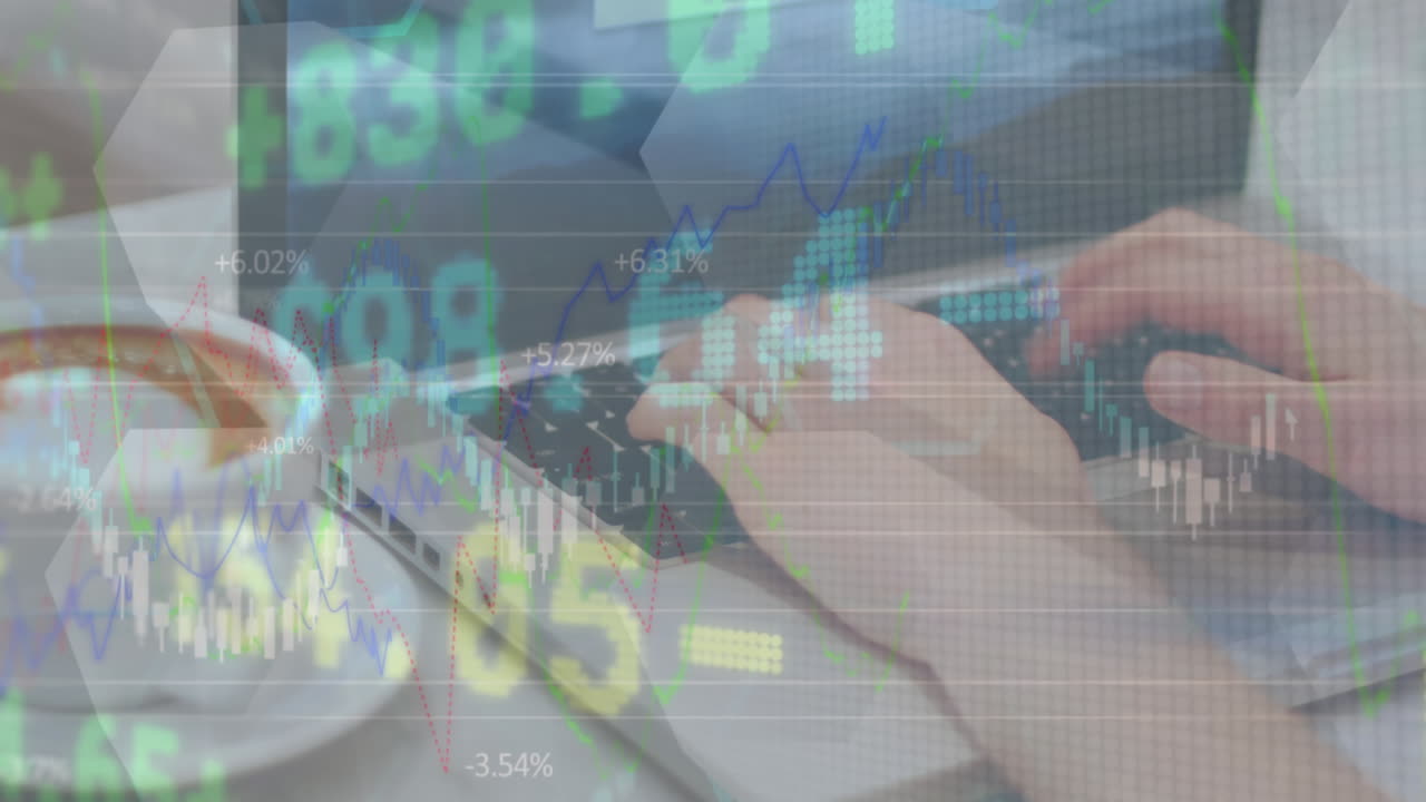 Animation of financial data processing over woman using laptop