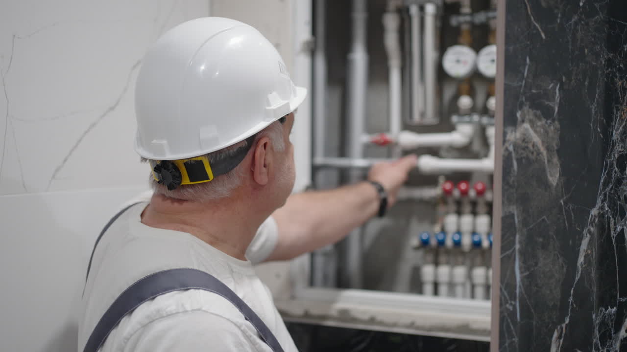 el fontanero bloquea el agua en el baño en el escudo de agua. ajuste de agua por fontanero