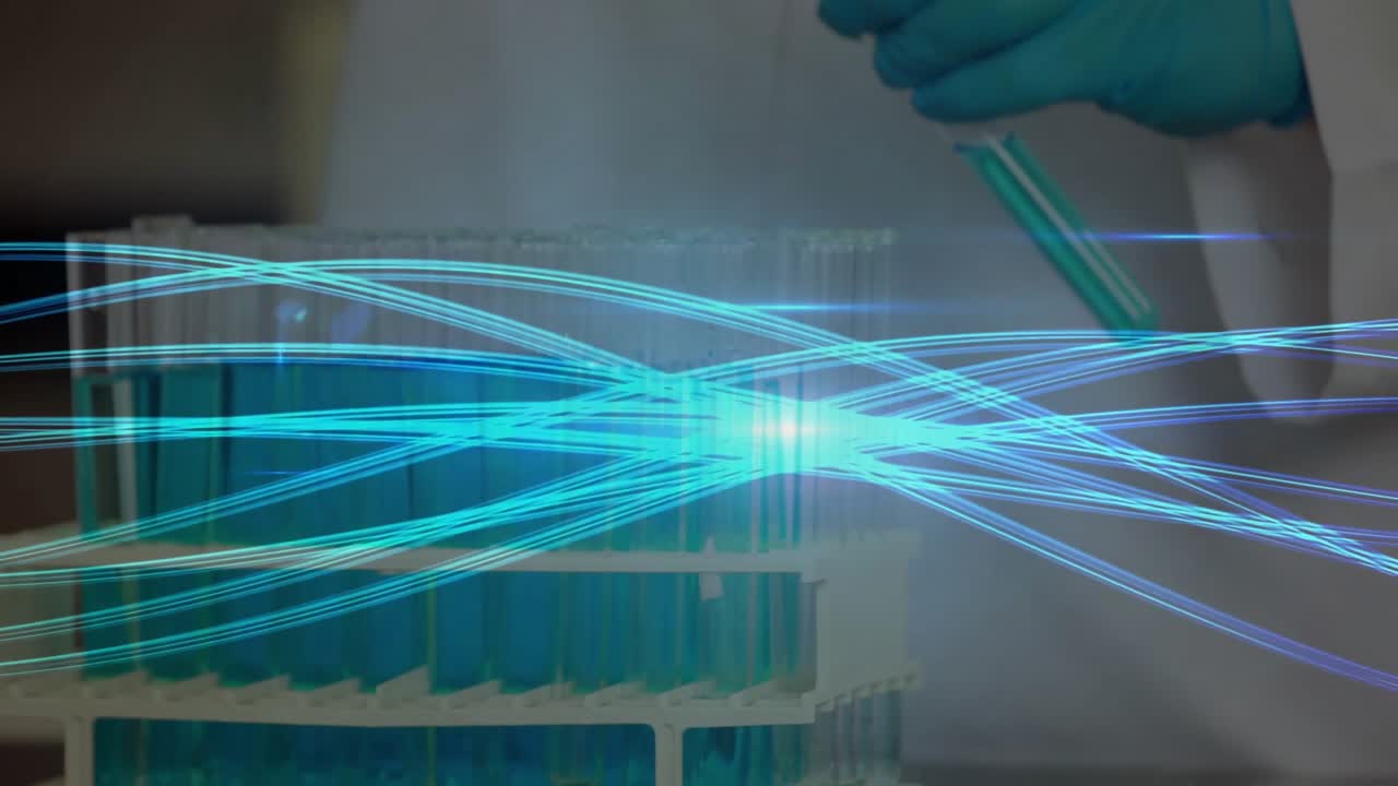 Laboratory technician moving pipette over tube rack with glowing data streams flowing for analysis