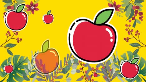 Animation-of-smiling-red-apples-with-berries-and-leaves-on-yellow-background