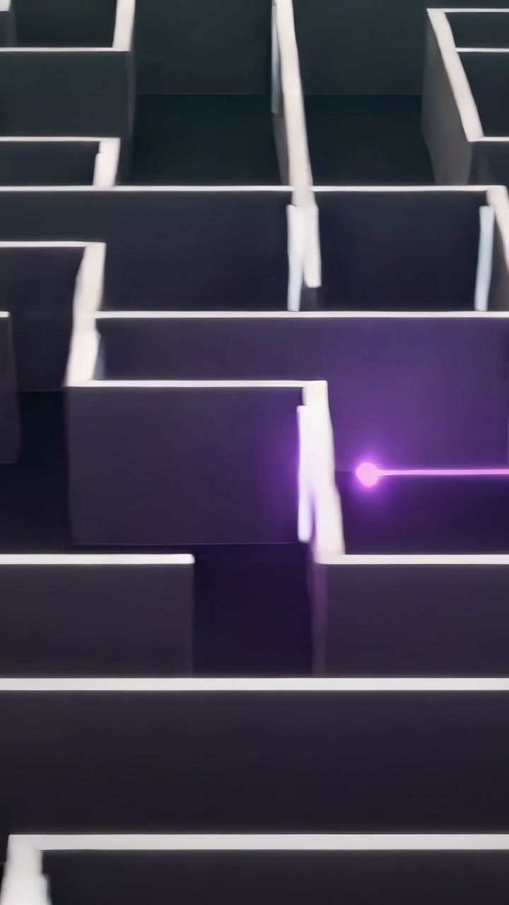 Vertical video: Appearing purple pulse moving left through 3D maze, revealing maze layout on walls