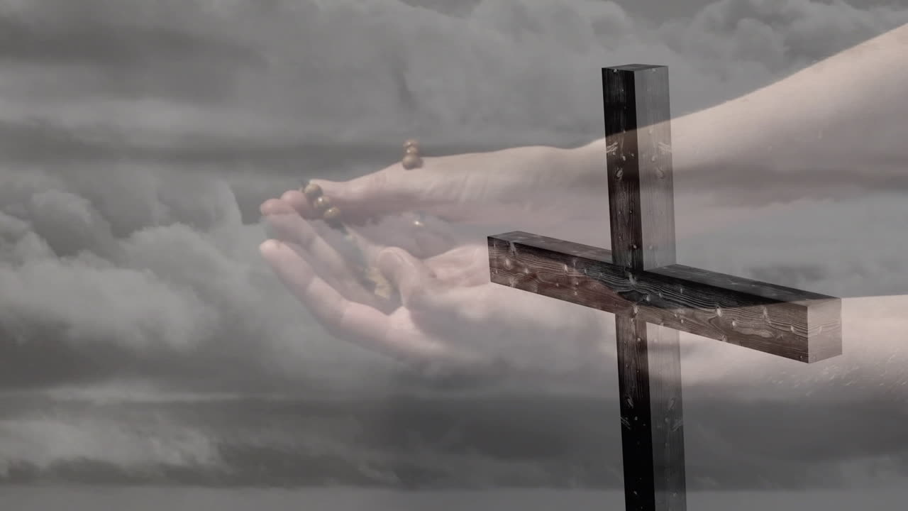 십자가 와 구름 위 에  ⁇ 주슬 을  ⁇ 고 기도 하는 백인 여자 의 애니메이션