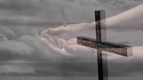 animación de una mujer caucásica orando con un rosario sobre la cruz y las nubes