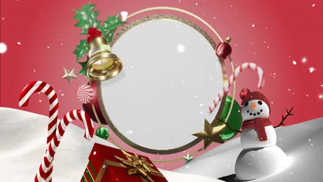 Animation-of-snow-falling-and-christmas-decorations-over-circle-with-copy-space-on-red-background