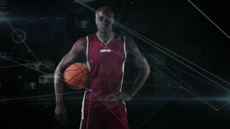 Animation-of-network-of-connections-over-basketball-player-on-black-background