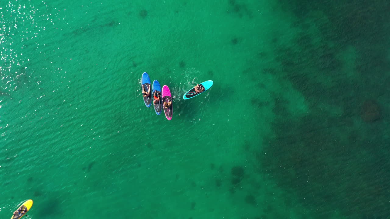 Aerial view of people paddleboarding on clear green water