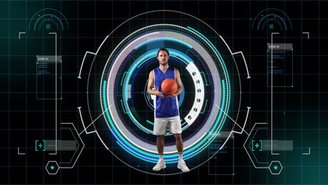 animation of caucasian male basketball player over scope scanning on black background