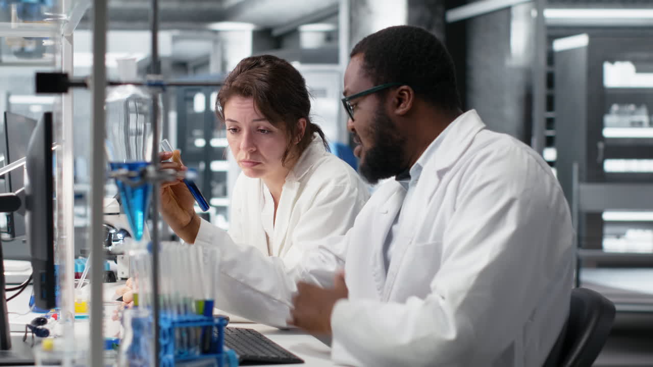 Vertical video Team of lab researchers inspecting chemical solutions in glass flasks