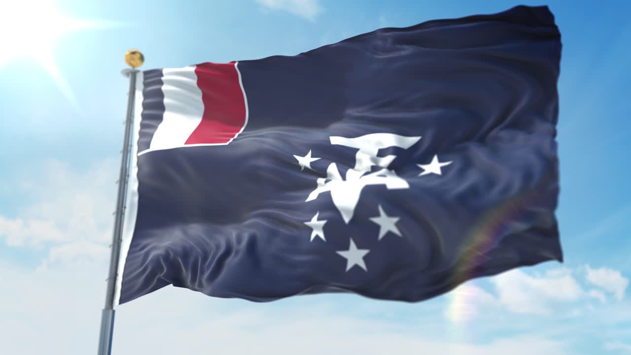 프랑스 남부와 남극 대륙의 기둥에 깃발을 흔드는 4k 3d 그림