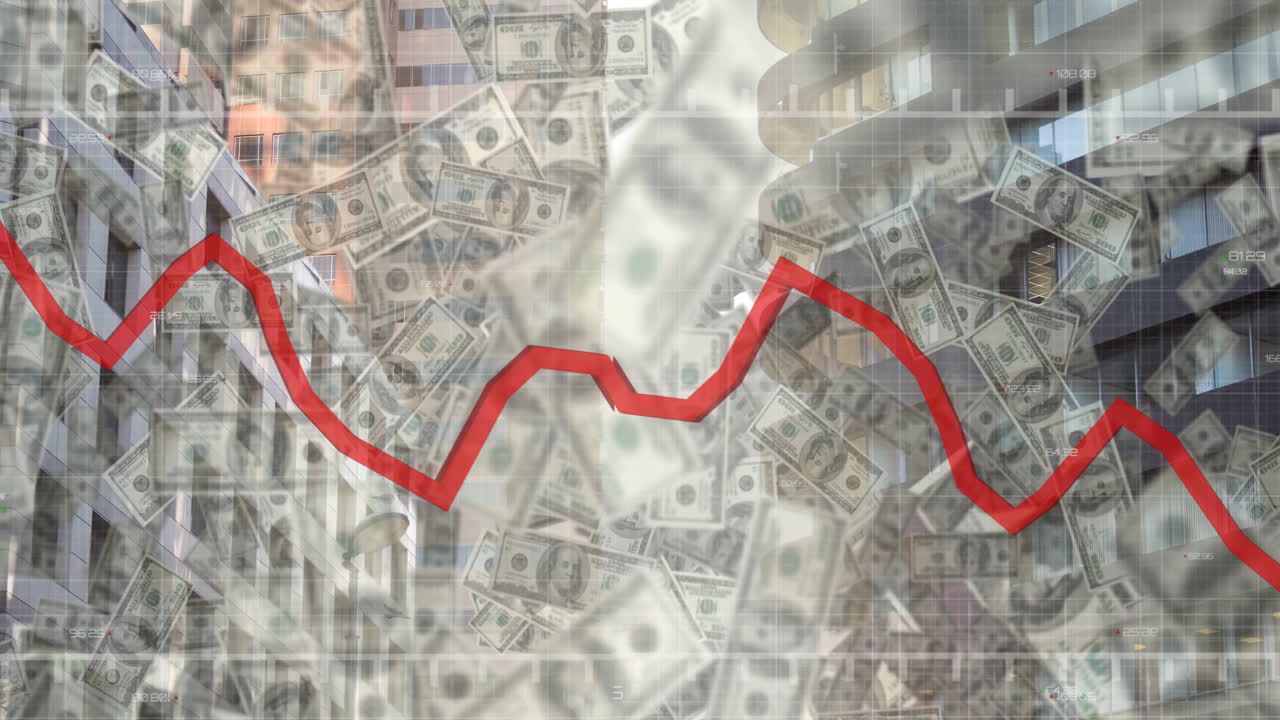 Red line graph animation over falling dollar bills and city buildings background