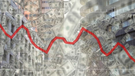 red line graph animation over falling dollar bills and city buildings background