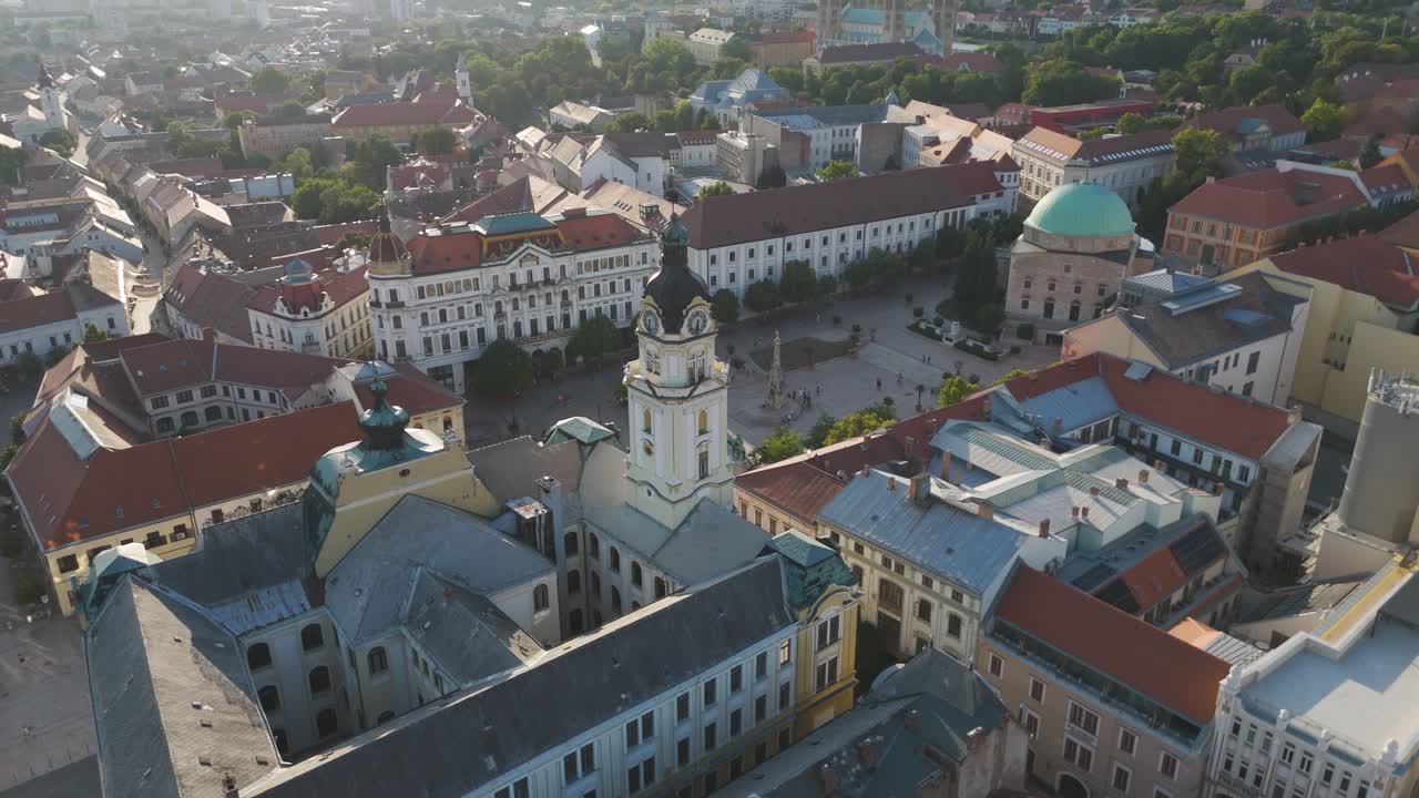 Orbiting view of Széchenyi Square, showcasing its main landmarks, square layout, and surrounding cityscape