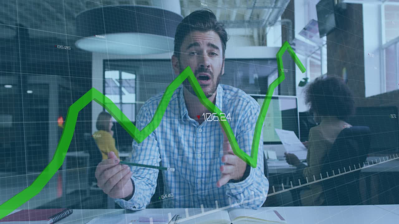 Mid adult man speaking in open office, syncing business data using green line graph, pen gestures