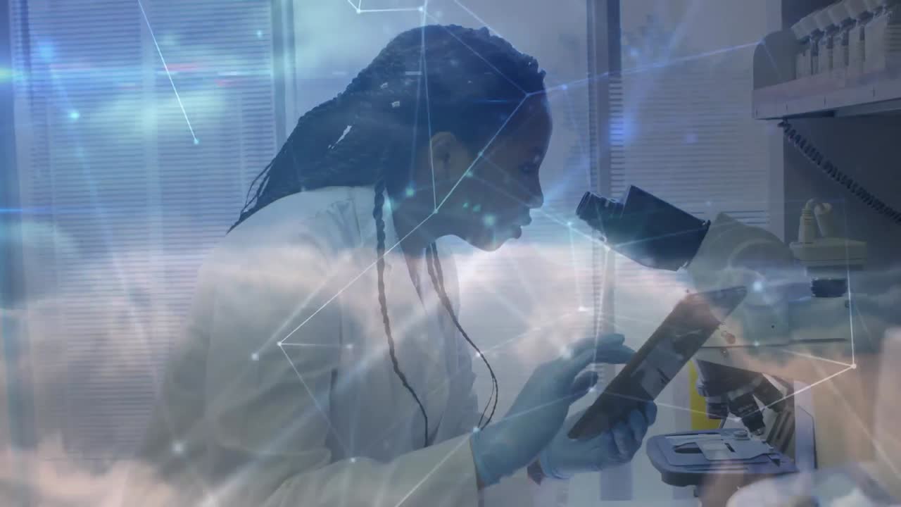 animación de la red de conexiones sobre la mujer científica en el laboratorio