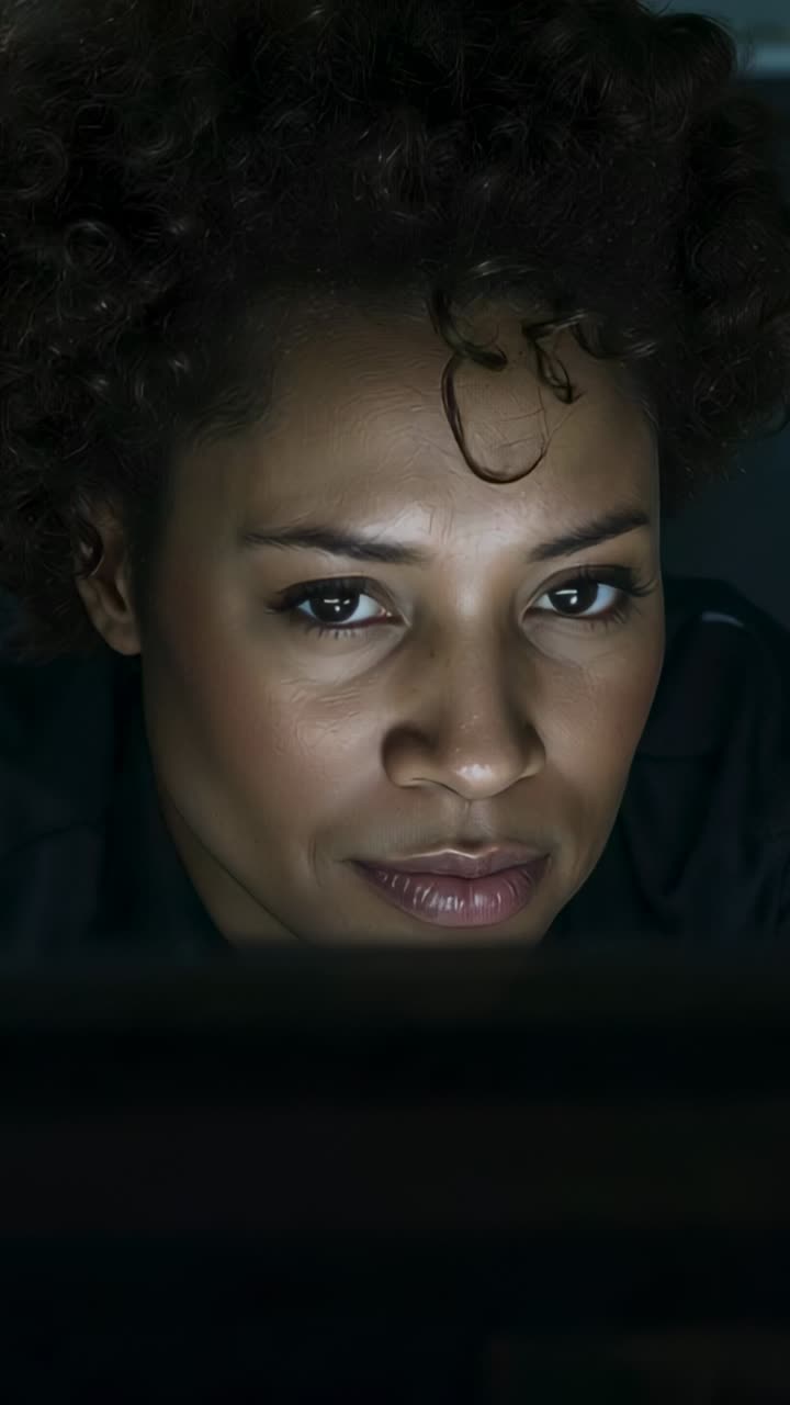 Vertical video: Smiling woman shifting focused to smile in dim room, by screen light, yellow patch