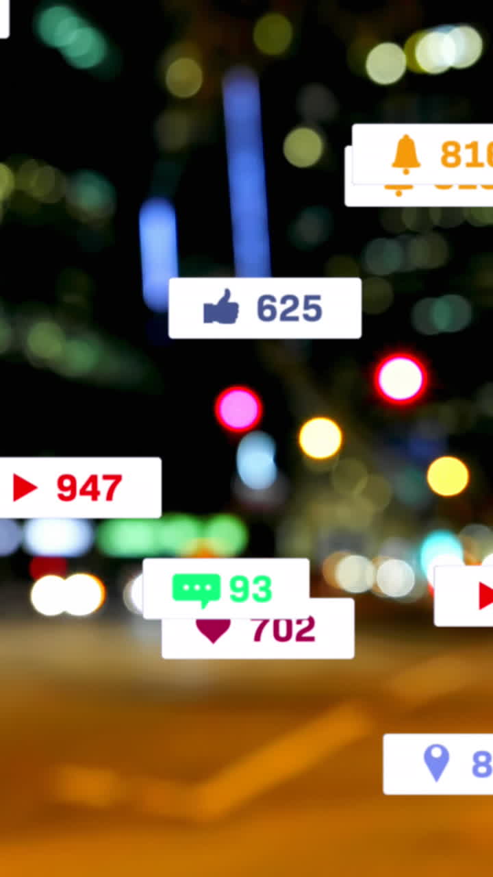 animación de iconos y números de redes sociales sobre el tráfico vial y el paisaje urbano