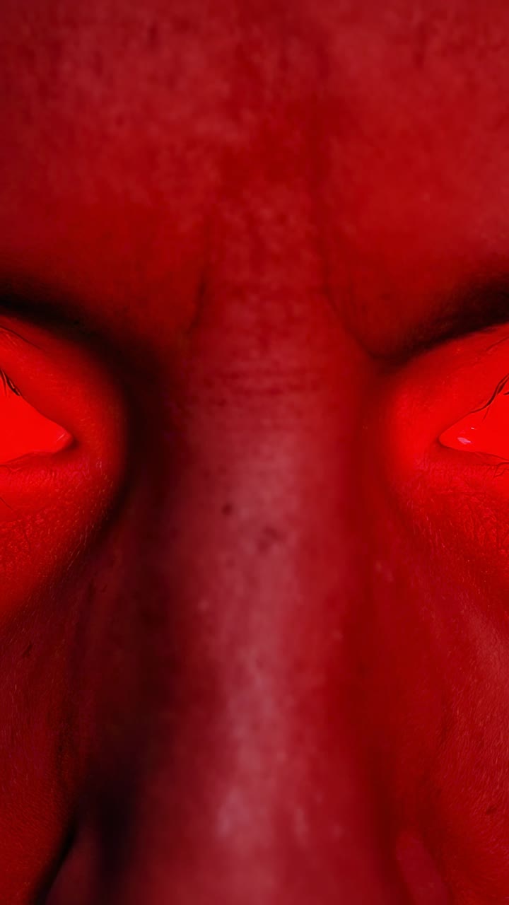 Vertical video: Close-up face showing irises sparking and glowing red in dark void, crimson glow