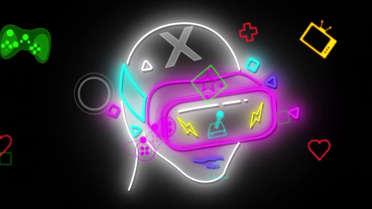 Animazione di interfaccia digitale di videogioco al neon che sfarfalla su una testa con visore VR
