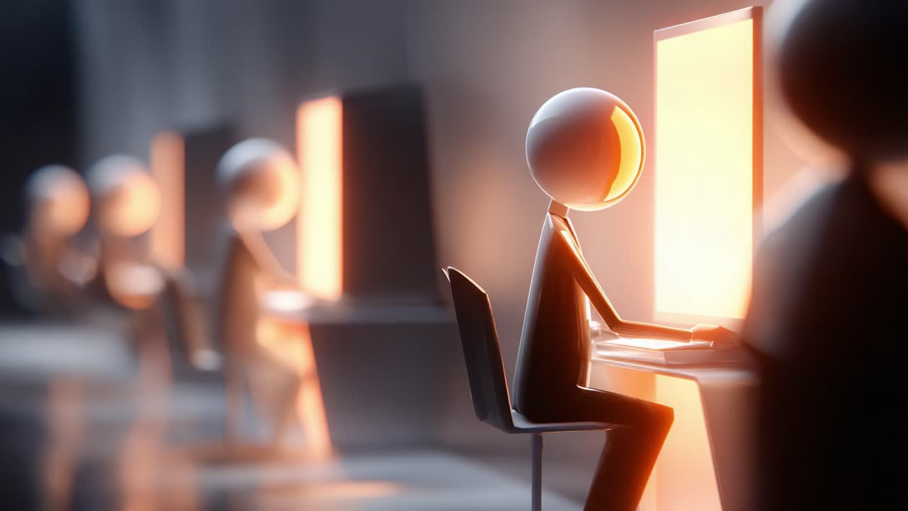 A Focused Figure Engaged at a Computer Workstation, Illuminated by Warm Light, Surrounded by Others in a Digital Environment, Representing Modern Connectivity and Technology