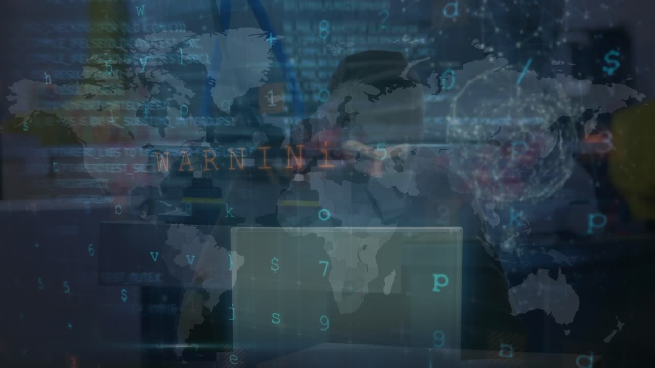 Animação de processamento de dados sobre um empresário em um escritório.