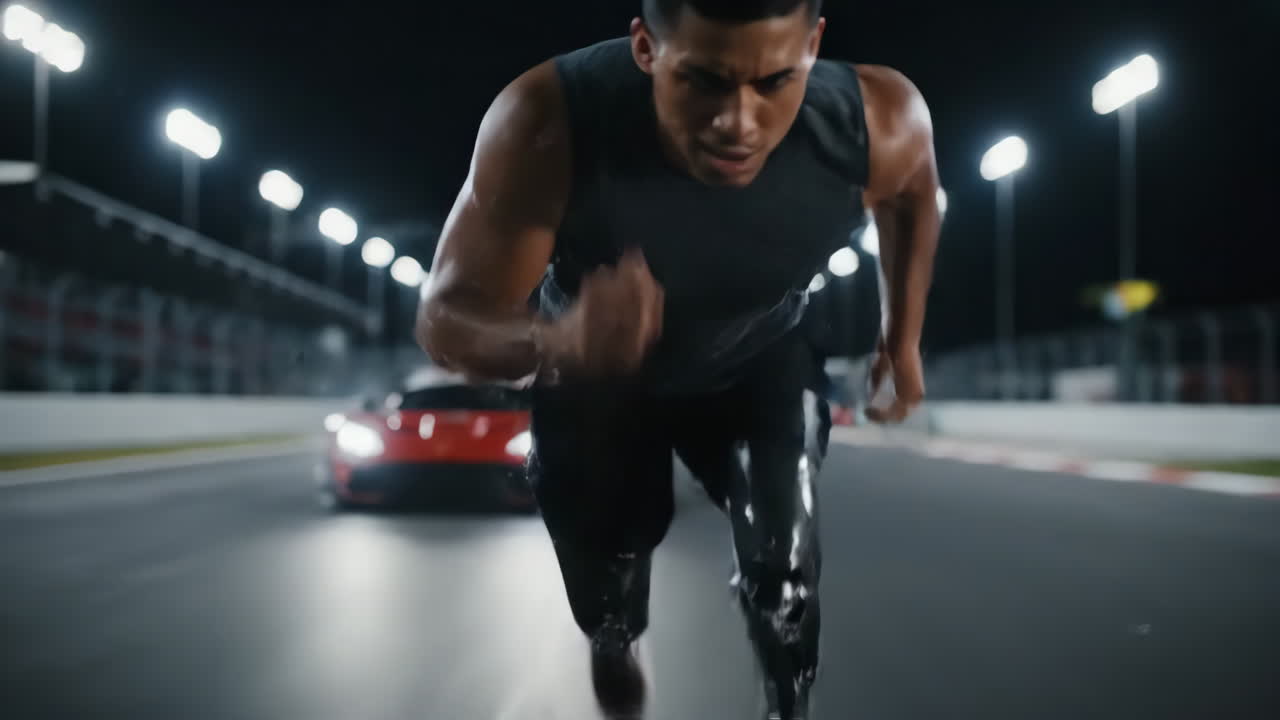 Athlete with Prosthetic Legs Running on a Race Track at Night with a Sports Car