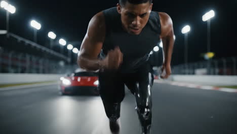athlete with prosthetic legs running on a race track at night with a sports car