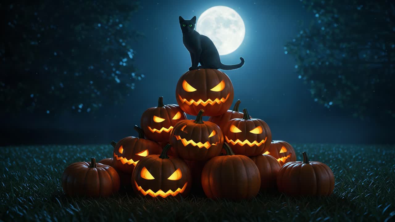 A Mysterious Halloween Night: A Grinning Cat Resting atop Glowing Jack-o'-Lanterns Beneath the Full Moon's Bright Light