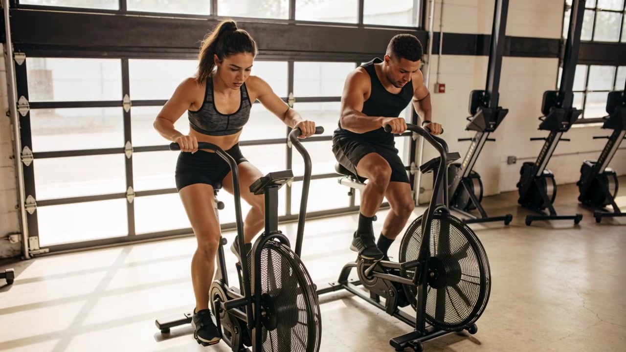 Adulti atletici che pedalano indossando abbigliamento sportivo, aumentando lo sforzo dopo un segnale in palestra, sulle air bike.