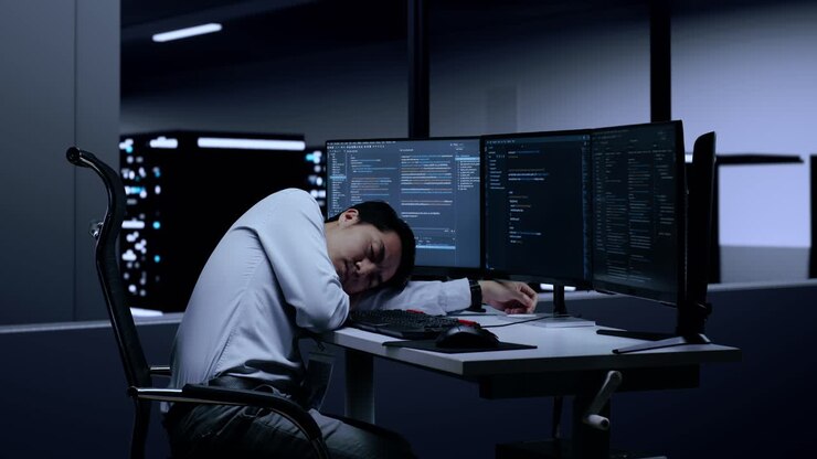 Müder Programmierer macht ein Nickerchen im Serverraum