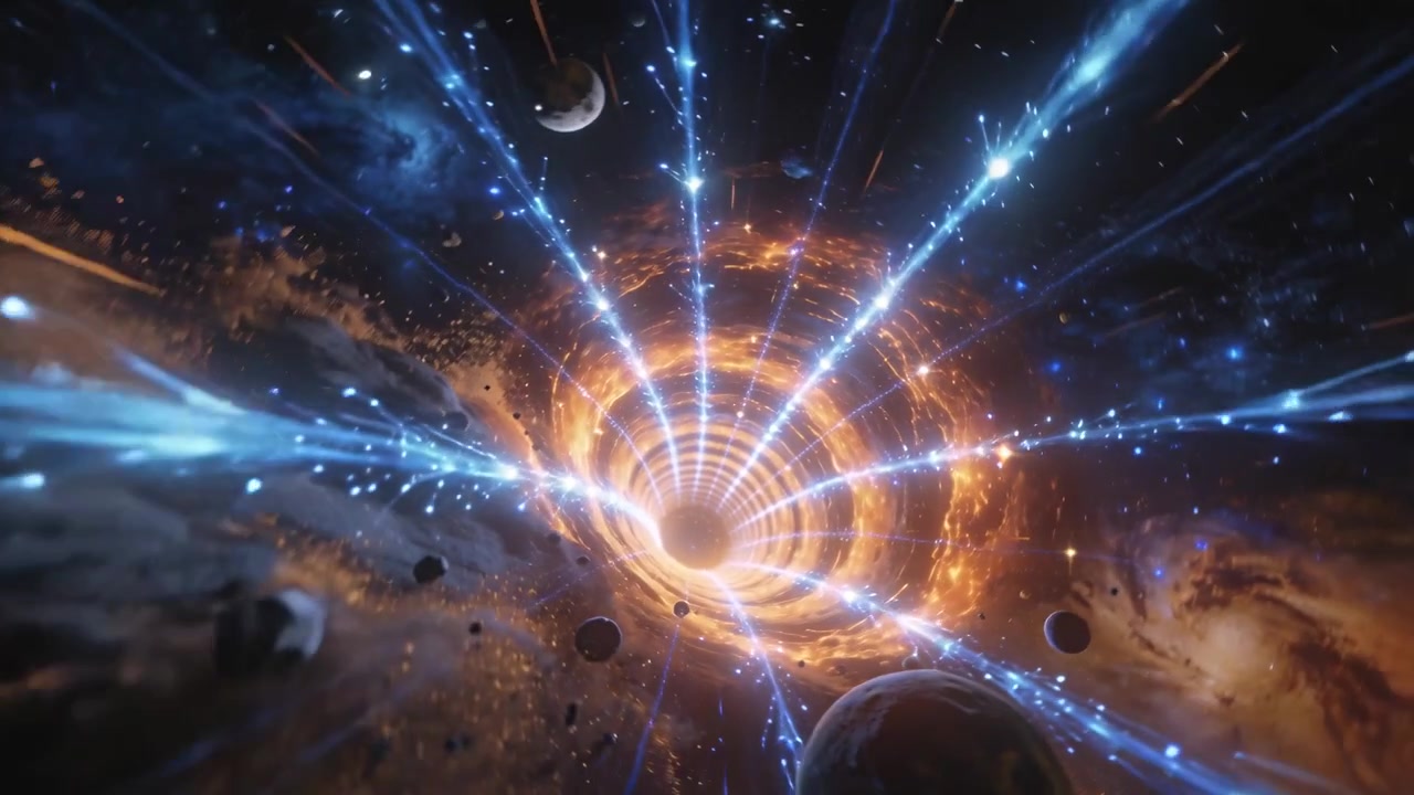 Closing cam toward orange vortex in space, vortex pulling rocks inward as blue beams casting sparks