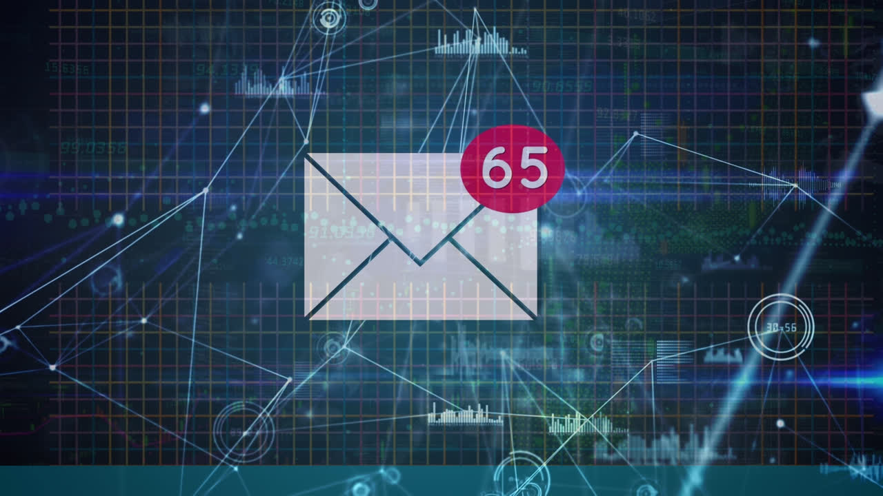 Animation of connections, emails and data in navy digital space