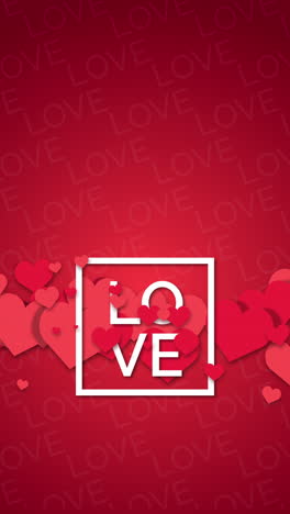 text love. red background with animation of flying hearts. happy valentines day and weeding design elements. vertical video.