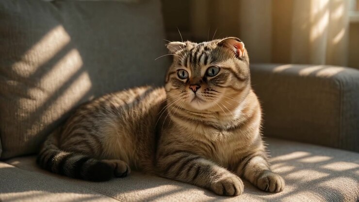 Scottish Fold Cat Resting on a Sofa in Sunlight