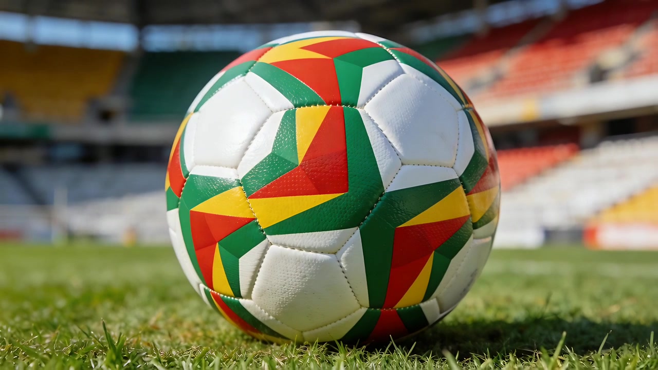 Telecamera bassa che si allontana rivelando i sedili, mantenendo un pallone da calcio a fantasia centrato sul campo in erba.