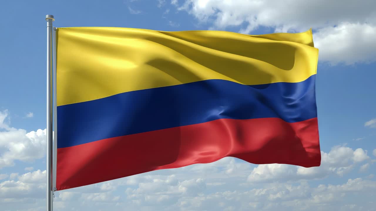 Tecido da bandeira colombiana ondulando em mastro de metal sob brisa constante contra o céu