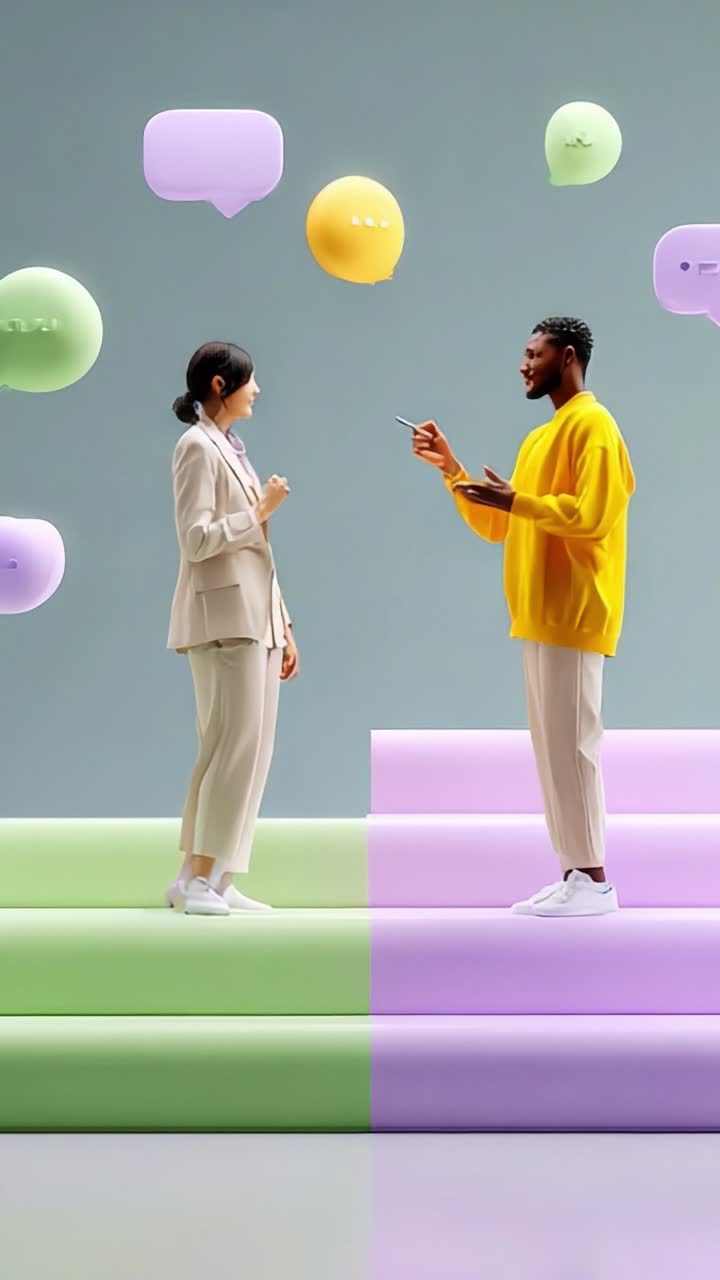 Engaging Dialogue: A Dynamic Interaction Between Two Individuals Surrounded by Colorful Chat Bubbles Representing Communication and Connection