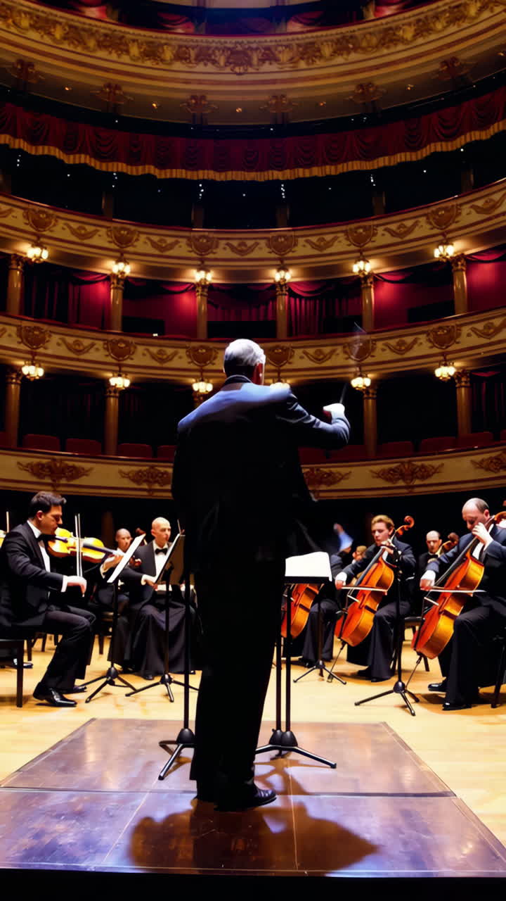 Orchestra Performance with Conductor in a Grand Concert Hall