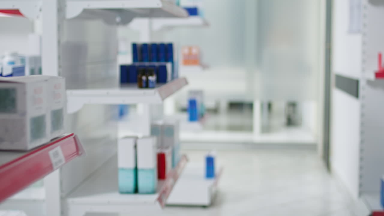 paquetes de medicamentos recetados en los estantes de una farmacia vacía
