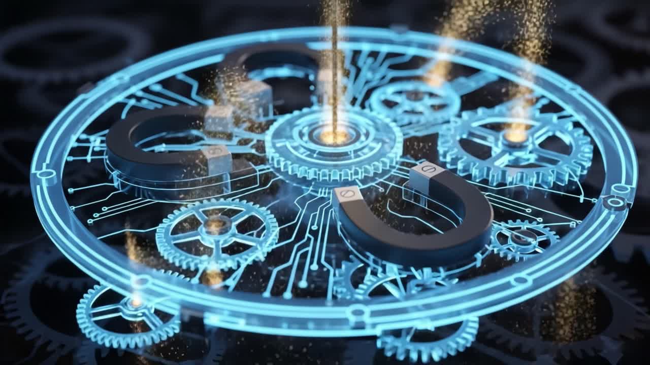 Futuristic Magnetic Mechanism with Gears Representing Energy Transfer and Attraction in a Digital World, Showcasing Advanced Technology Concepts