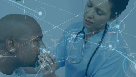 animation of dots connected with lines over female caucasian doctor giving oxygen to patient